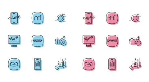 Set line Pie chart infographic, Mobile with, stock trading, Financial growth Illustrazione stock