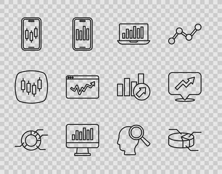 Set line Pie chart infographic, Laptop with, Monitor, Mobile stock trading Illustrazione stock