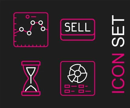 Set line Pie chart infographic, Old hourglass, Sell button and Browser with Stock Illustration
