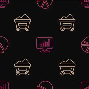 Set line Pie chart infographic, Coal mine trolley and on seamless pattern イラスト素材