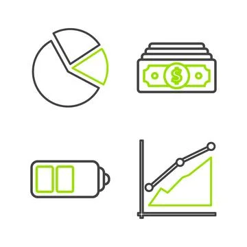 Set line Pie chart infographic, Battery charge level indicator, Stacks paper Stock Illustration