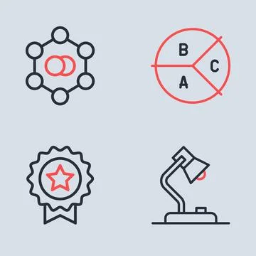 Set line Pie chart infographic, Medal with star, Table lamp and Molecule ic.. イラスト素材