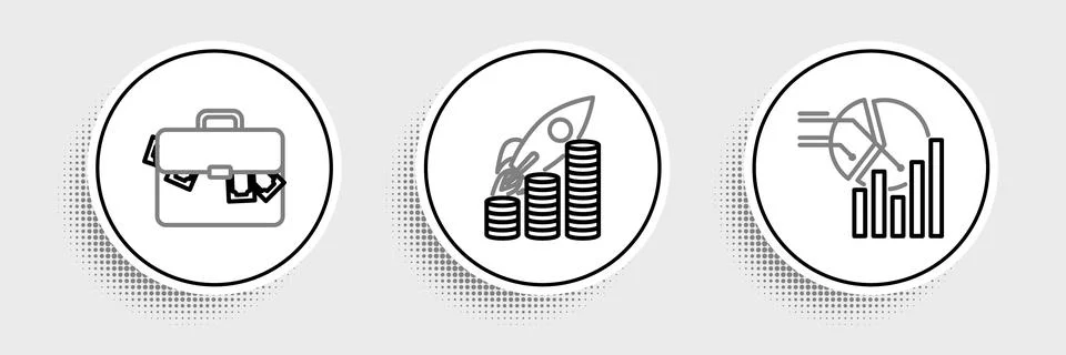 Set line Pie chart infographic, Briefcase and money and Rocket flying up co.. Illustrazione stock