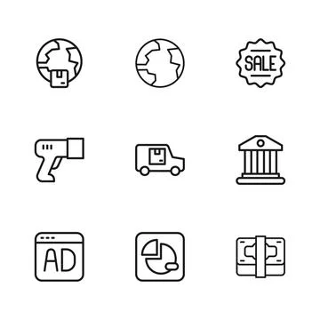 Set line Pie chart infographic Bank building Stacks paper money cash Delivery Ilustración de archivo