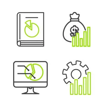 Set line Pie chart infographic, Computer monitor with, Money bag and diagra.. Illustrazione stock