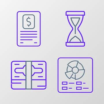 Set line Pie chart infographic, Stacks paper money cash, Old hourglass and .. Illustrazione stock