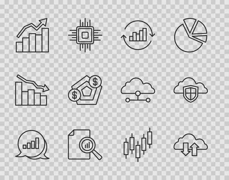 Set line Pie chart infographic, Cloud download and upload, Document with, F.. イラスト素材