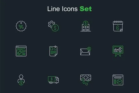 Set line Pie chart infographic Stacks paper money cash Armored truck Business 스톡 일러스트
