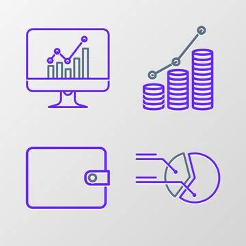 Set line Pie chart infographic, Wallet, and coin and Computer monitor with .. Illustrazione stock