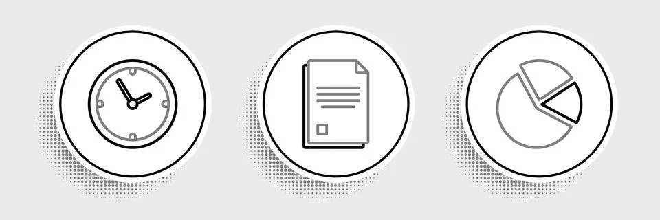 Set line Pie chart infographic, Clock and File document icon. Vector Illustrazione stock