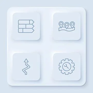 Set line Pie chart infographic, Location, Arrow and Wrench and gear. White .. Stock Illustration