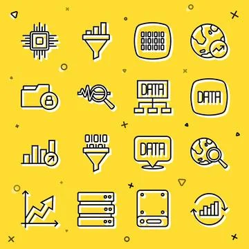 Set line Pie chart infographic, Search globe, Data analysis, Binary code, d.. Stock Illustration