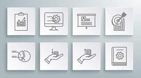 Set line Pie chart infographic, Computer monitor with, Money hand, User man.. Illustrazione stock