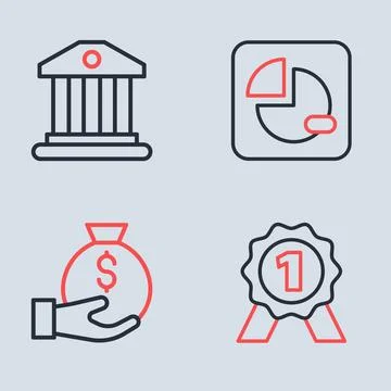 Set line Pie chart infographic, Money bag, Medal and Bank building icon. Vect Ilustración de archivo