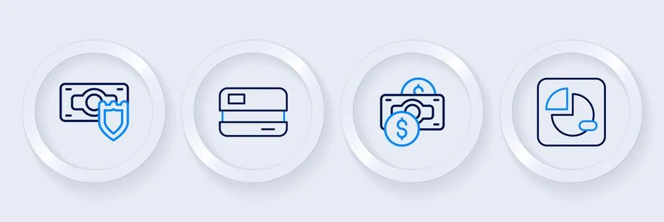 Set line Pie chart infographic, Stacks paper money cash, Credit card and Mo.. Stock Illustration