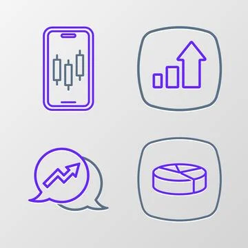 Set line Pie chart infographic, Financial growth,  and Mobile stock trading.. Illustrazione stock