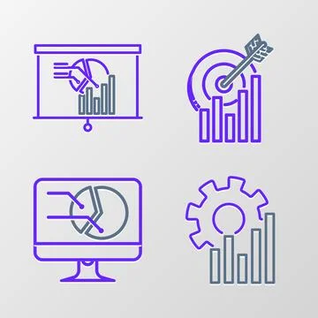 Set line Pie chart infographic, Computer monitor with, Target and Board ico.. Stock Illustration