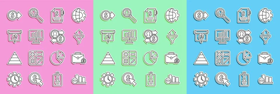 Set line Pie chart infographic, Briefcase and money, Sales funnel with arro.. Stock-Illustration