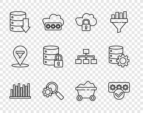 Set line Pie chart infographic, Password protection, Cloud computing lock, .. Stock Illustration