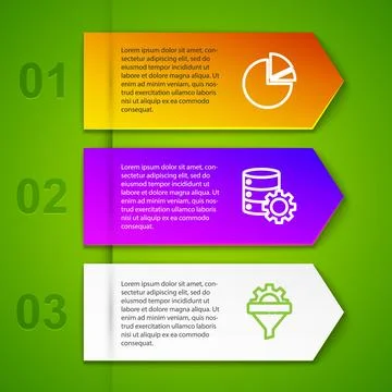 Set line Pie chart infographic, Server and gear, Sales funnel with and Laptop Illustration
