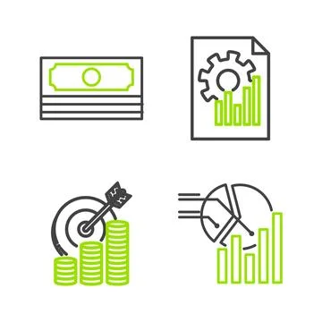 Set line Pie chart infographic, Target with coin symbol, Document and Stack.. Stockillustratie