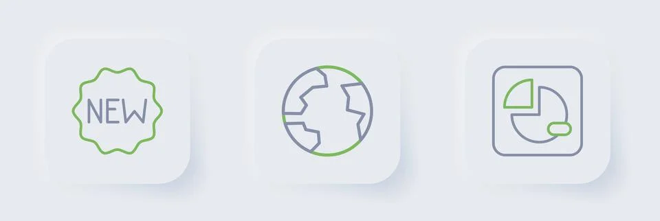 Set line Pie chart infographic, Worldwide and Price tag with New icon. Vector Stock Illustration