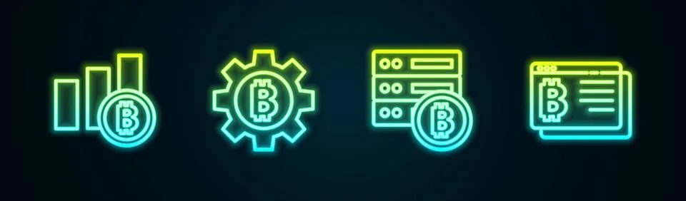 Set line Pie chart infographic bitcoin, Cryptocurrency Bitcoin, Server and .. Stock Illustration