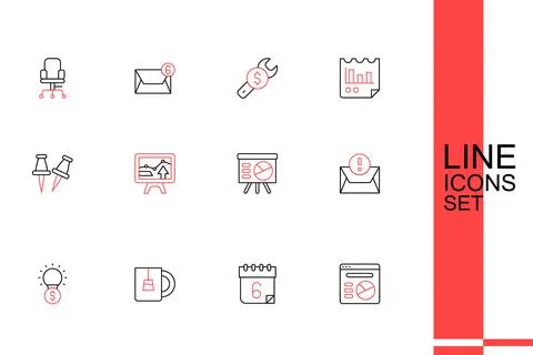 Set line Pie chart infographic, Calendar, Cup of tea, Light bulb with dolla.. Stock Illustration