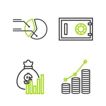 Set line Pie chart infographic and coin, Money bag diagram, Safe and  icon... Stock Illustration