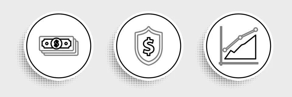 Set line Pie chart infographic, Stacks paper money cash and Shield with dol.. Stock Illustration