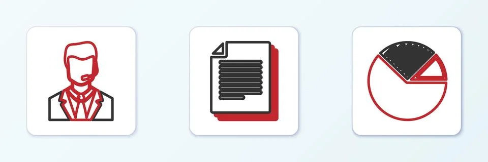 Set line Pie chart infographic, Man with headset and Document icon. Vector Stock Illustration