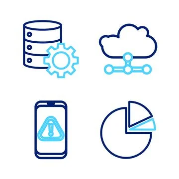 Set line Pie chart infographic, Mobile with exclamation mark, Network cloud.. Stock Illustration