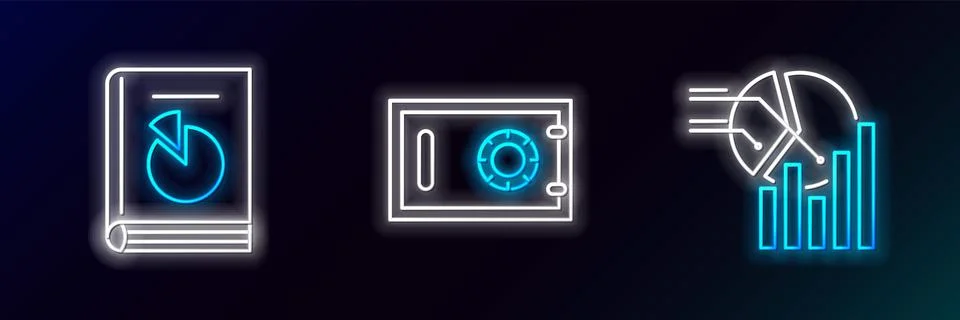 Set line Pie chart infographic, User manual and Safe icon. Glowing neon. Vect Stock Illustration