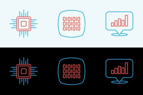 Set line Pie chart infographic, Processor CPU and Binary code icon. Vector 库存插图