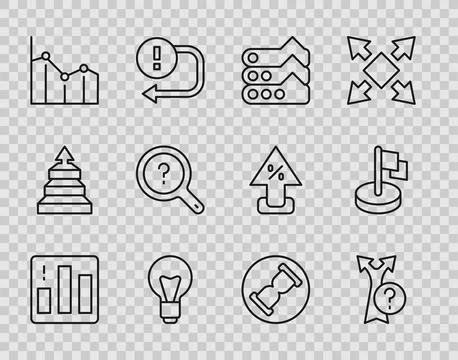 Set line Pie chart infographic, Arrow, Graph, chart, diagram, Light bulb, U.. Stock Illustration