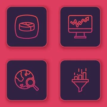 Set line Pie chart infographic, Search globe, Monitor with and Sales funnel.. Stock Illustration