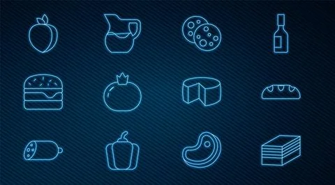 Set line Piece of cake, Bread loaf, Cookie with chocolate, Tomato, Burger, Plum Stock Illustration