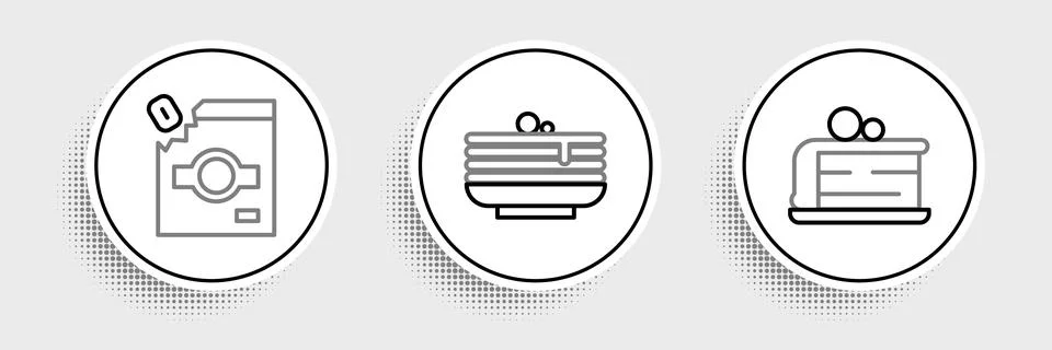 Set line Piece of cake, Candy packaging for sweets and Stack pancakes icon. V Stock Illustration