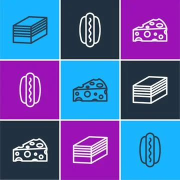 Set line Piece of cake, Cheese and Hotdog icon. Vector Stock Illustration