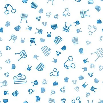 Set line Piece of cake, Cherry and Barbecue grill on seamless pattern. Vector Stock Illustration