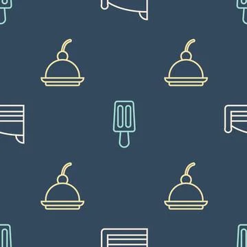 Set line Piece of cake, Cherry cheesecake and Ice cream on seamless pattern.. Illustrazione stock