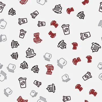 Set line Piece of cake, Coffee cup to go, pot and maker moca on seamless pattern Stock Illustration