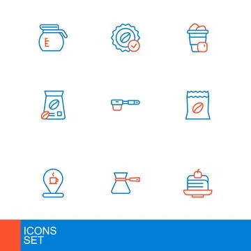 Set line Piece of cake, Coffee turk, Location with coffee cup, Bag beans, f.. Stock Illustration