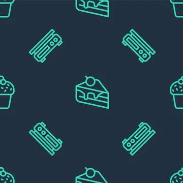 Set line Piece of cake, Electronic scales and Cake on seamless pattern. Vector Illustrazione stock