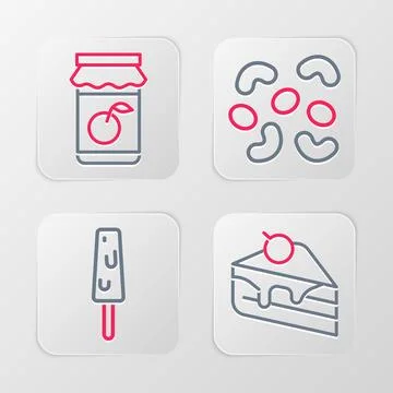 Set line Piece of cake, Ice cream, Jelly candy and Jam jar icon. Vector Stock Illustration