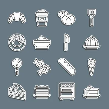 Set line Piece of cake, Ice cream in waffle cone, Pudding custard, Bread lo.. Stock Illustration