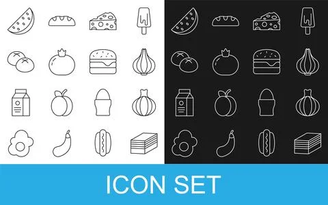 Set line Piece of cake, Onion, Garlic, Cheese, Tomato, Bread loaf, Watermel.. Stock Illustration