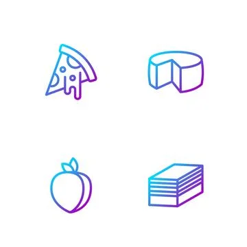 Set line Piece of cake Plum fruit Slice pizza and Cheese. Gradient color icon Stock Illustration