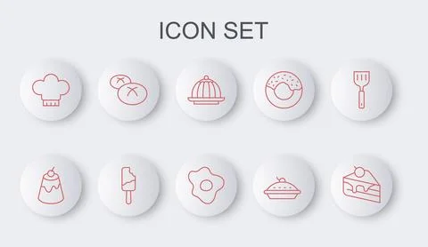 Set line Piece of cake, Pudding custard, Homemade pie, Chef hat, Bread loaf.. Stock Illustration