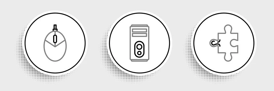 Set line Piece of puzzle, Computer mouse gaming and  icon. Vector Stock Illustration